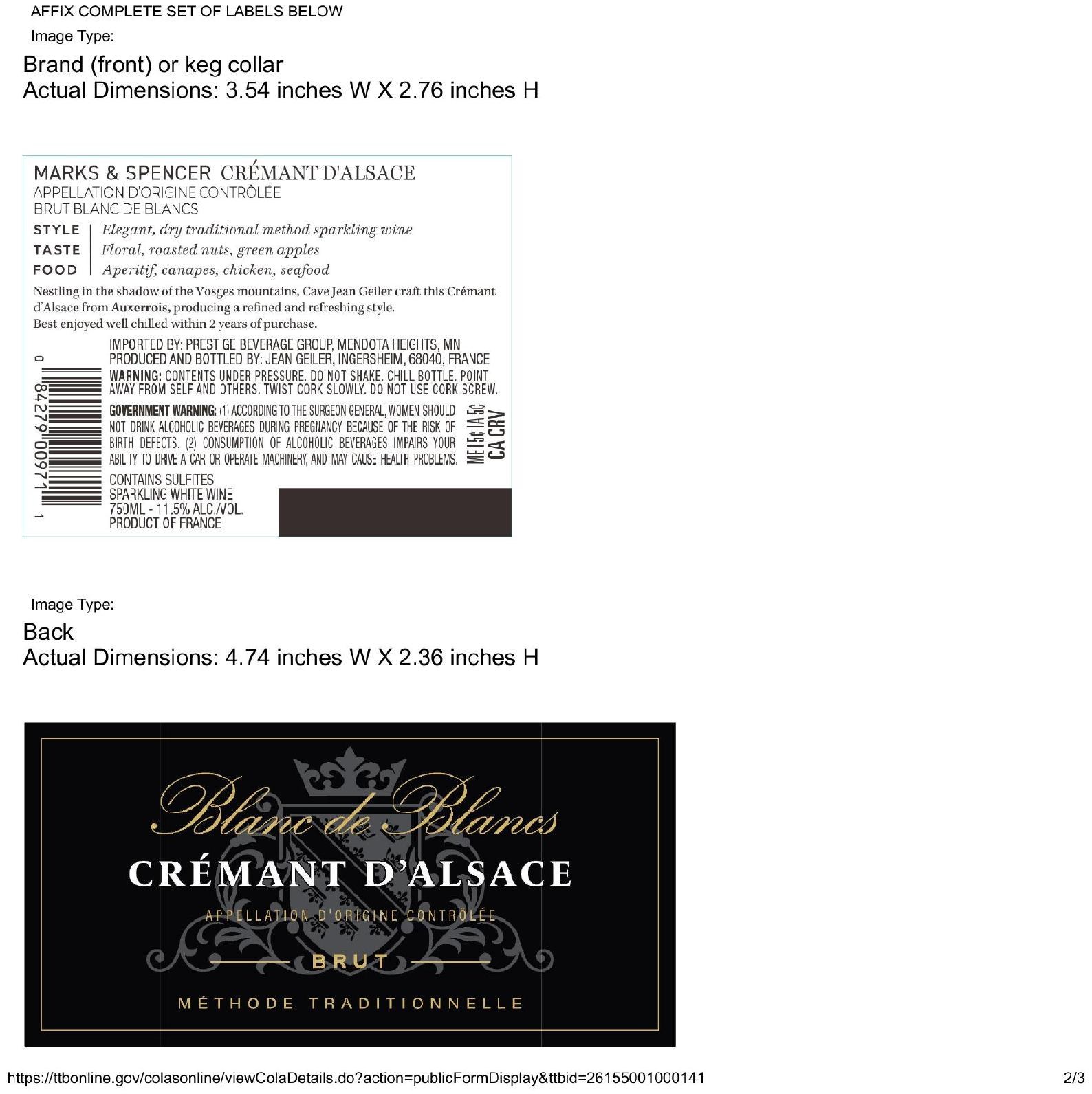 TABC label artwork for Marks & Spencer Cremant de Alsace