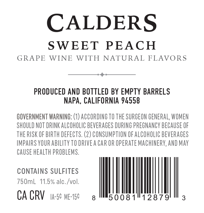 TABC label artwork for Calders Sweet Peach Grape Wine