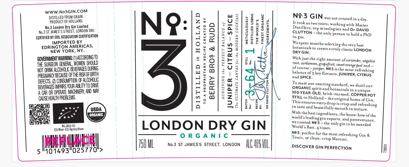 TABC label artwork for No. 3 Organic London Dry Gin
