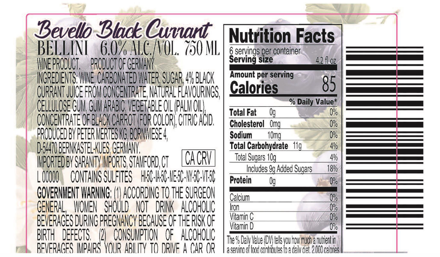 TABC label artwork for Bevello Black Currant Bellini