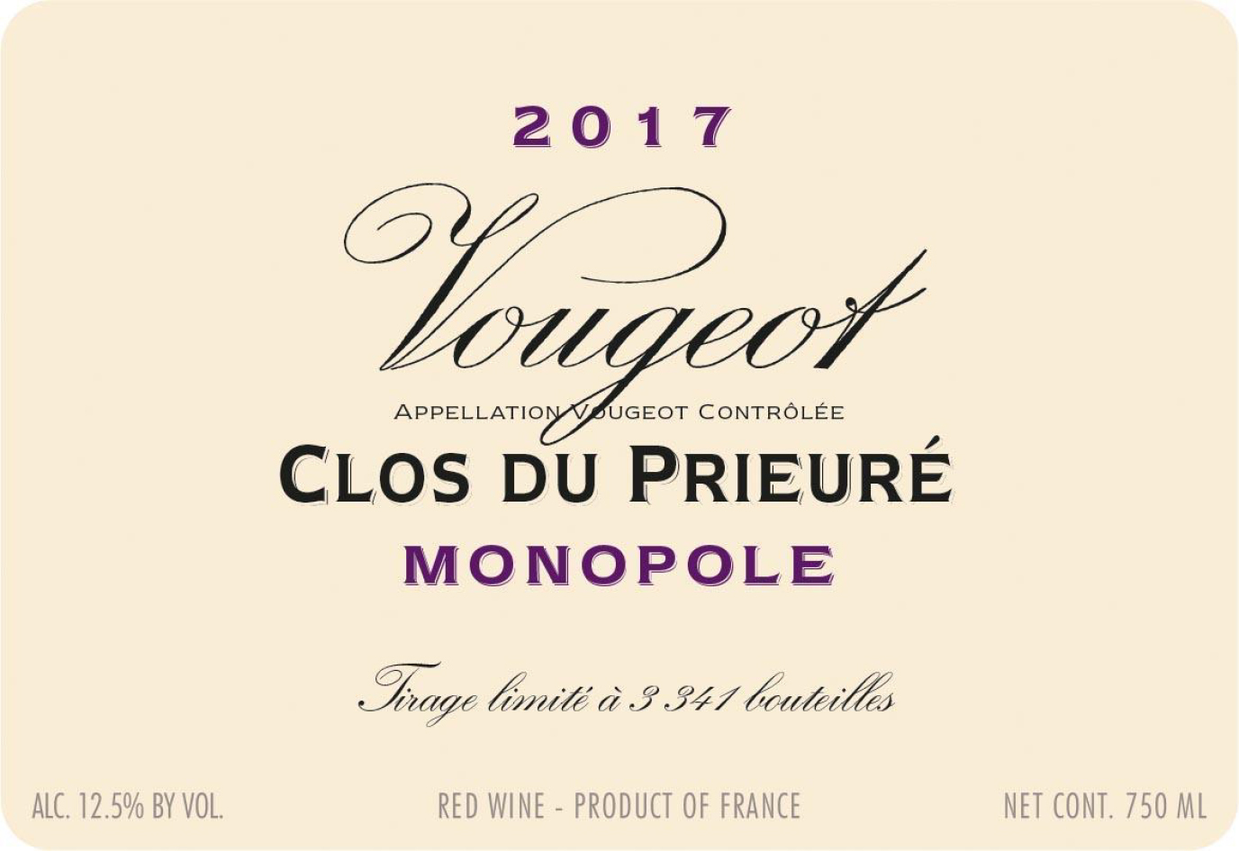 TABC label artwork for Domaine Vougeraie Vougeot "Le Clos Prieure"Rouge Monop