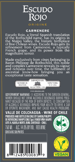 TABC label artwork for ESCUDO ROJO ORIGINE CARMENERE VALLE DE COLCHAGUA
