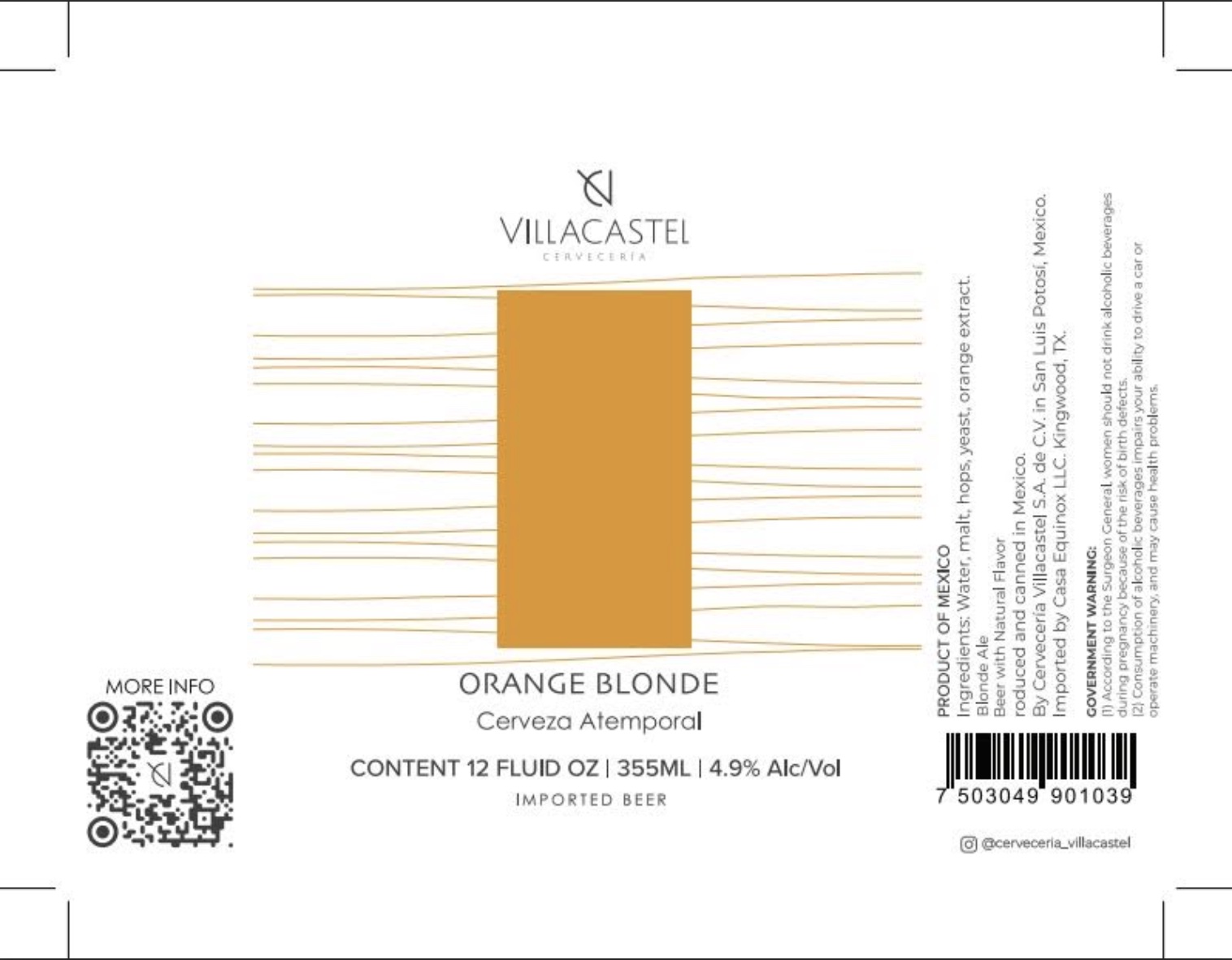 TABC label artwork for Orange Blonde Cerveza Atemporal