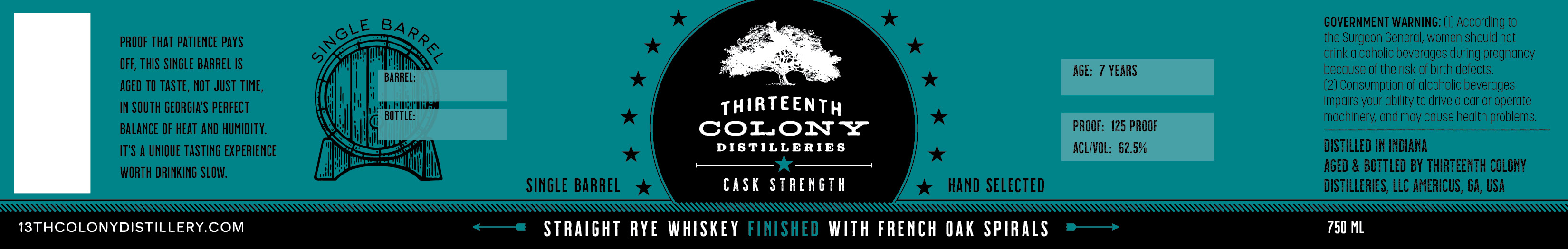 TABC label artwork for Thirteenth Colony French Oak Finished Single Barrel Rye