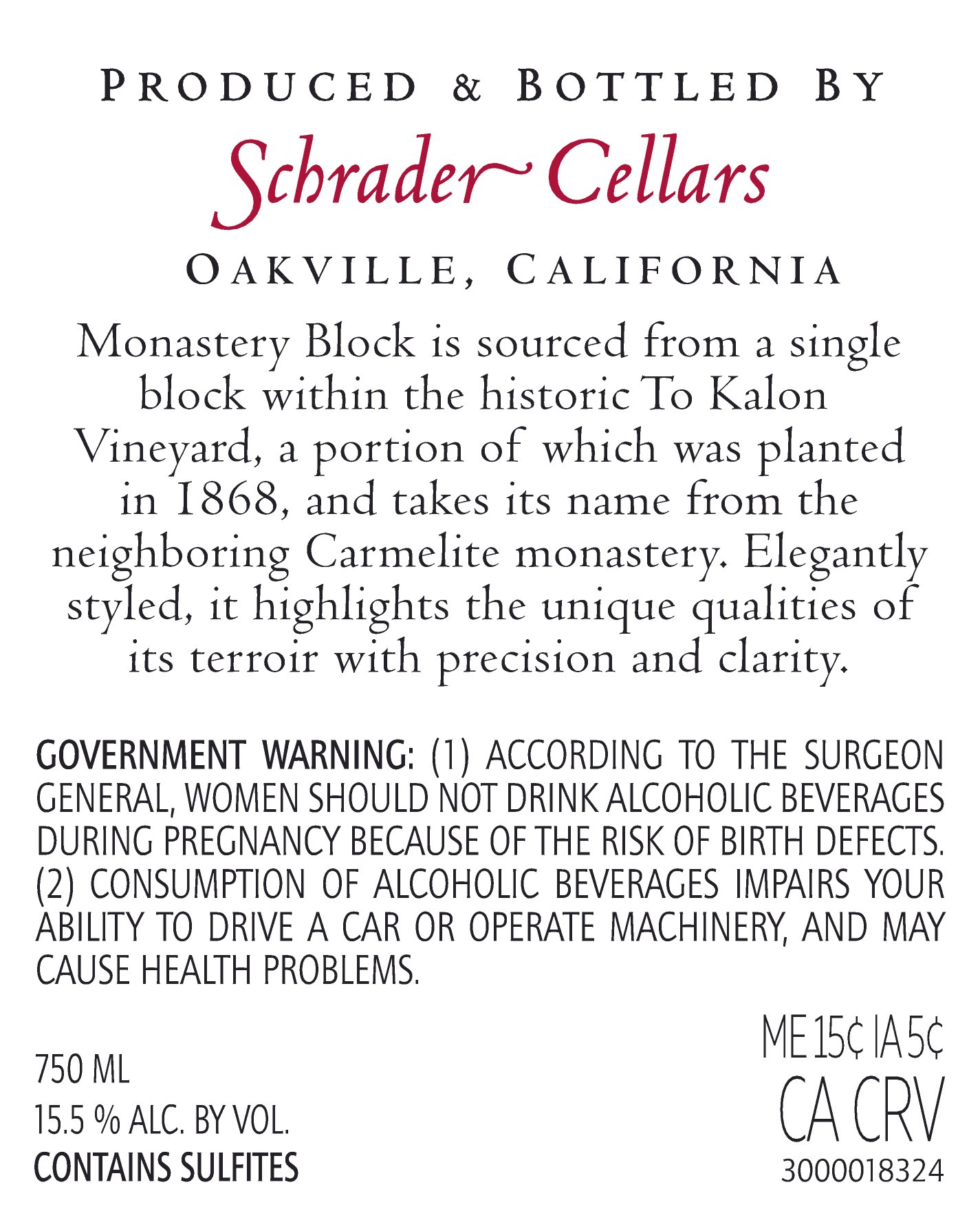 TABC label artwork for Schrader Monastery Block Cabernet Sauvignon Oakville