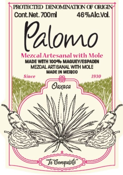 TABC label artwork for Palomo Mezcal Artisanal With Mole