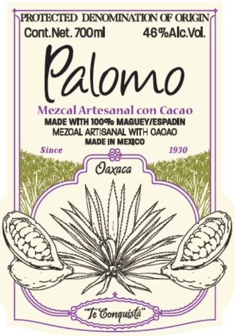 TABC label artwork for Palomo Mezcal Artisanal With Cacao