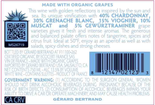 TABC label artwork for Gerard Bertrand Orange Gold Vin De France