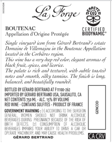 TABC label artwork for Gerard Bertrand La Forge Boutenac