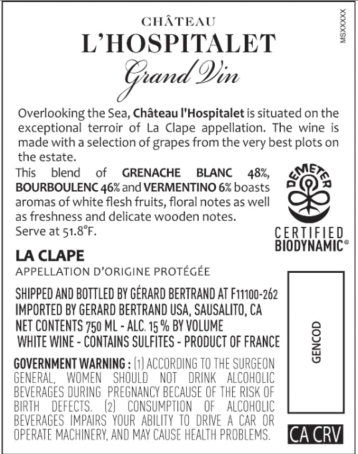 TABC label artwork for Gerard Bertrand Chateau L'Hospitalet La Clape