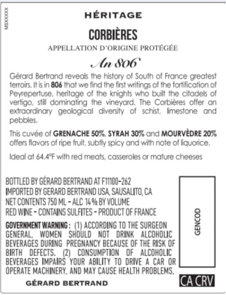 TABC label artwork for Gerard Bertrand Heritage Corbieres