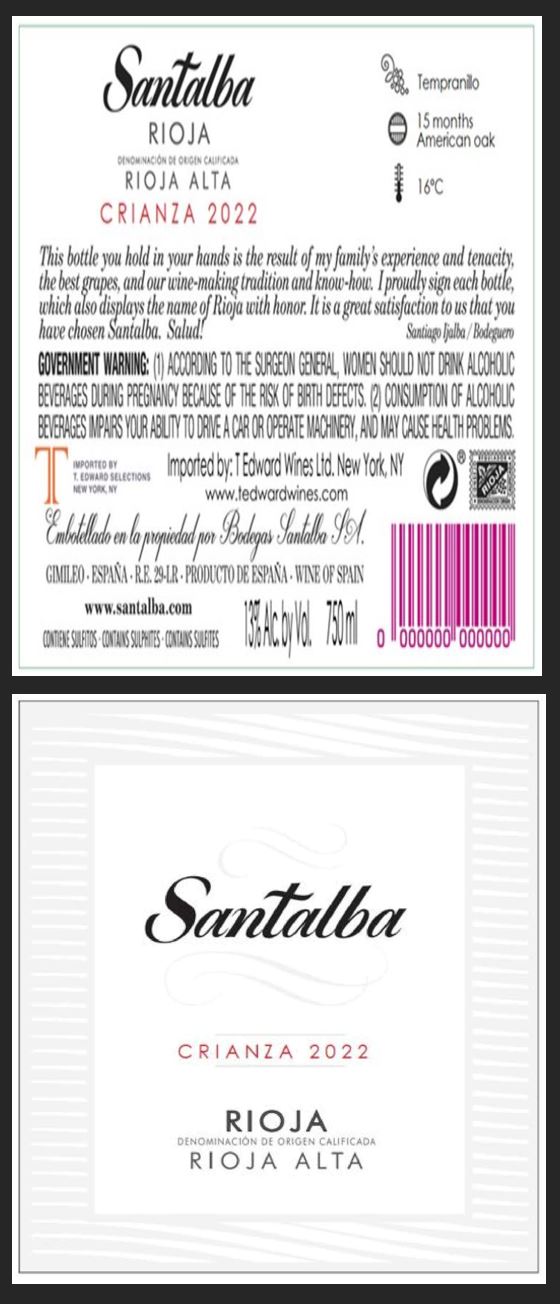 TABC label artwork for SANTALBA CRIANZA TEMPRANILLO