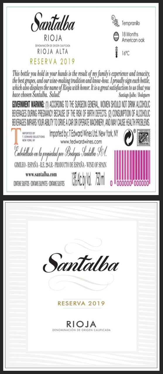 TABC label artwork for SANTALBA RESERVA TEMPRANILLO