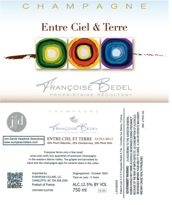 TABC label artwork for Francoise Bedel Entre Ciel Et Terre Pinot Meunier, Chardonnay, Pinot Noir Champagne