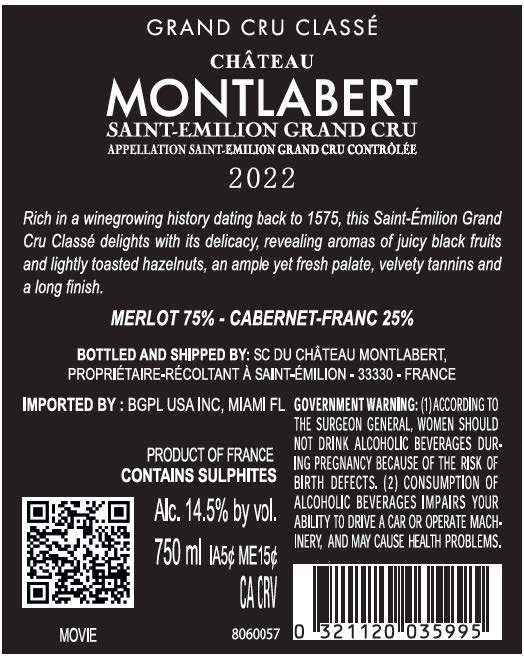 TABC label artwork for Chateau Montlabert St Emilion Grand Cru