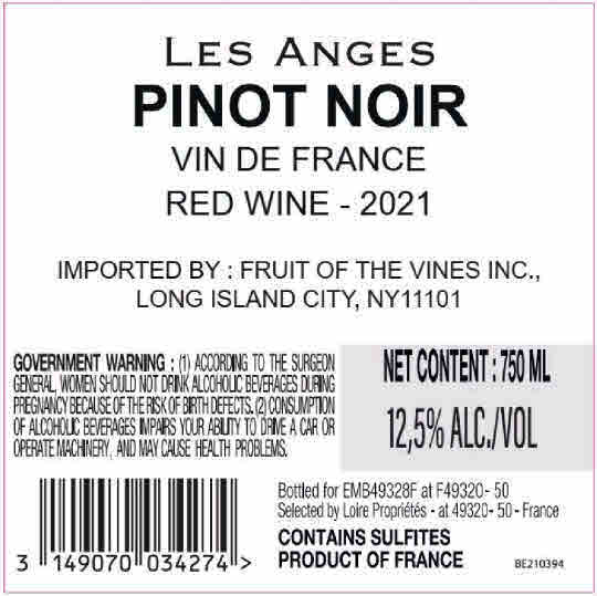 TABC label artwork for Les Anges Vin de France Pinot Noir