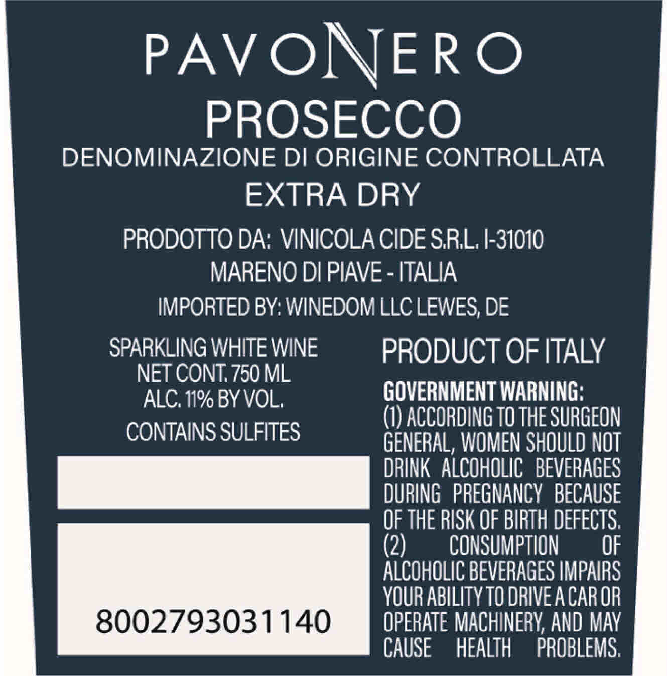 TABC label artwork for Pavo Nero Prosecco Sparkling Wine