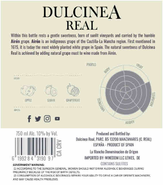 TABC label artwork for Dulcinea Real La Mancha Airen
