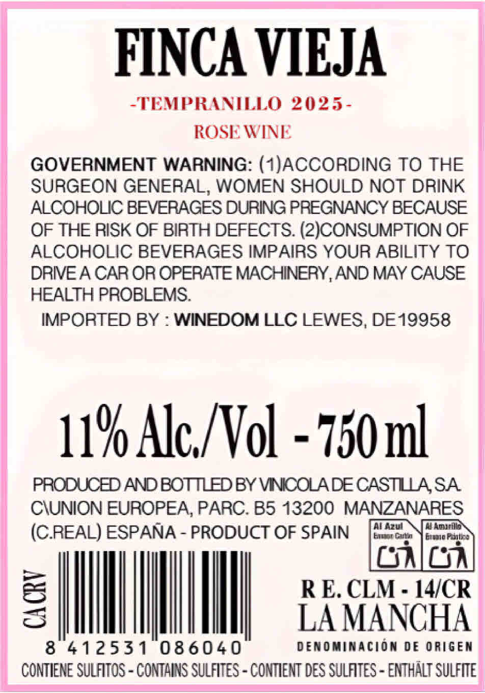 TABC label artwork for Finca Vieja Rosado Tempranillo La Mancha Rose Wine