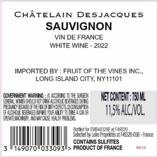 TABC label artwork for Chatelain Desjacques Vin de France Sauvignon Blanc