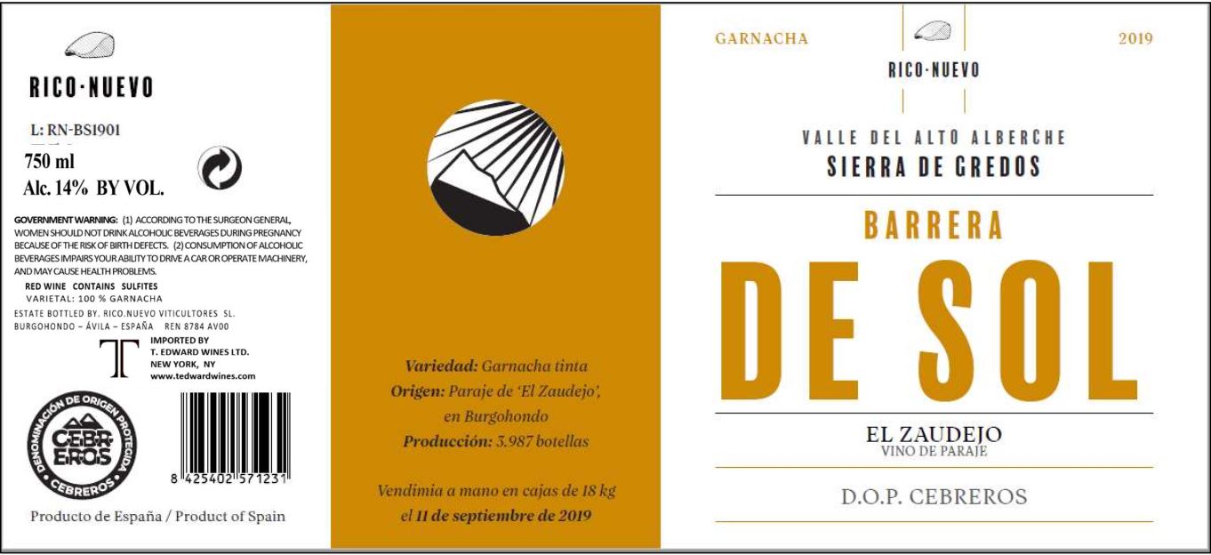 TABC label artwork for Rico Nuevo Barrera de Sol Garnacha Cebreros