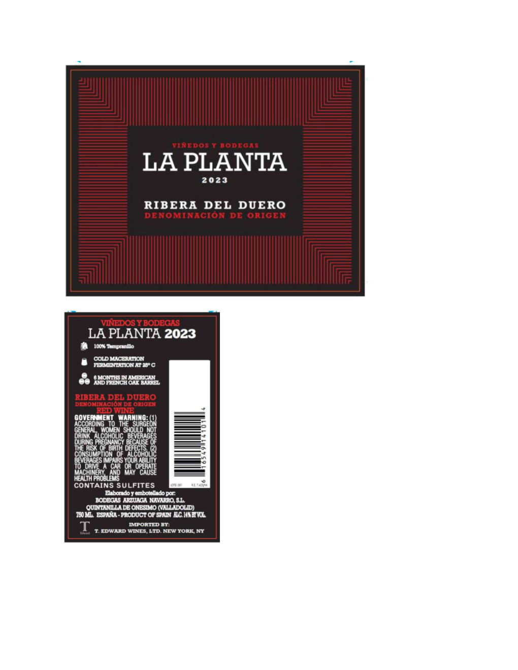 TABC label artwork for Bodegas Arzuaga La Planta Tempranillo