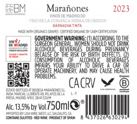 TABC label artwork for Bodega Maranones Maranones Garnacha Tinta Madrid