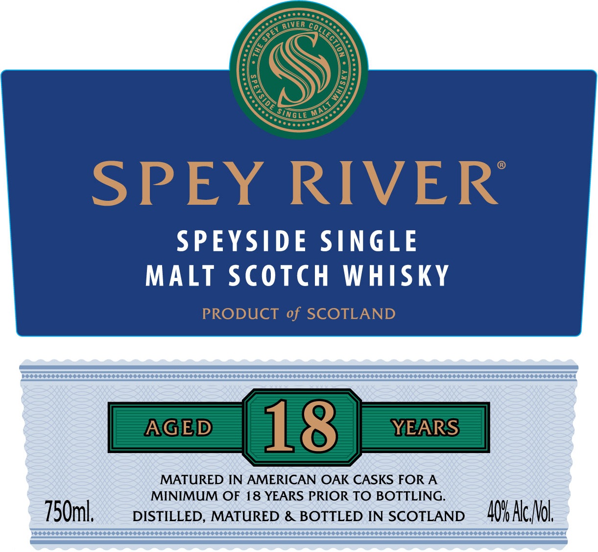 TABC label artwork for Spey River Speyside Single Malt Scotch Whisky Aged 18 Years