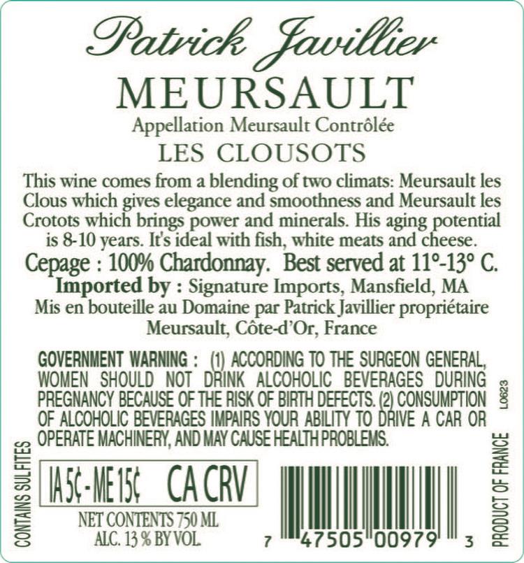 TABC label artwork for Patrick Javillier Chardonnay Les Clousots Meursault