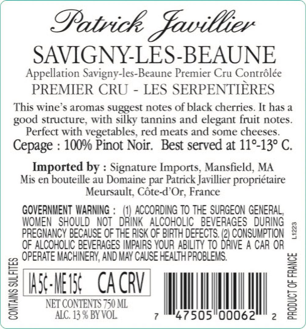 TABC label artwork for Patrick Javillier Pinot Noir Les Serpentieres Savigny-Les-Beaune Premier Cru