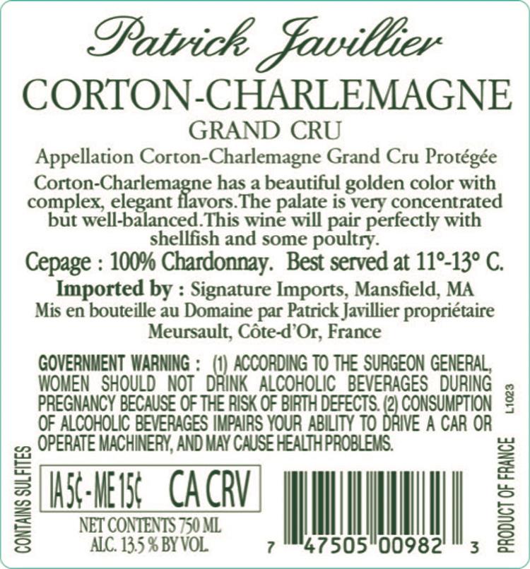 TABC label artwork for Patrick Javillier Chardonnay Corton-Charlemagne Grand Cru