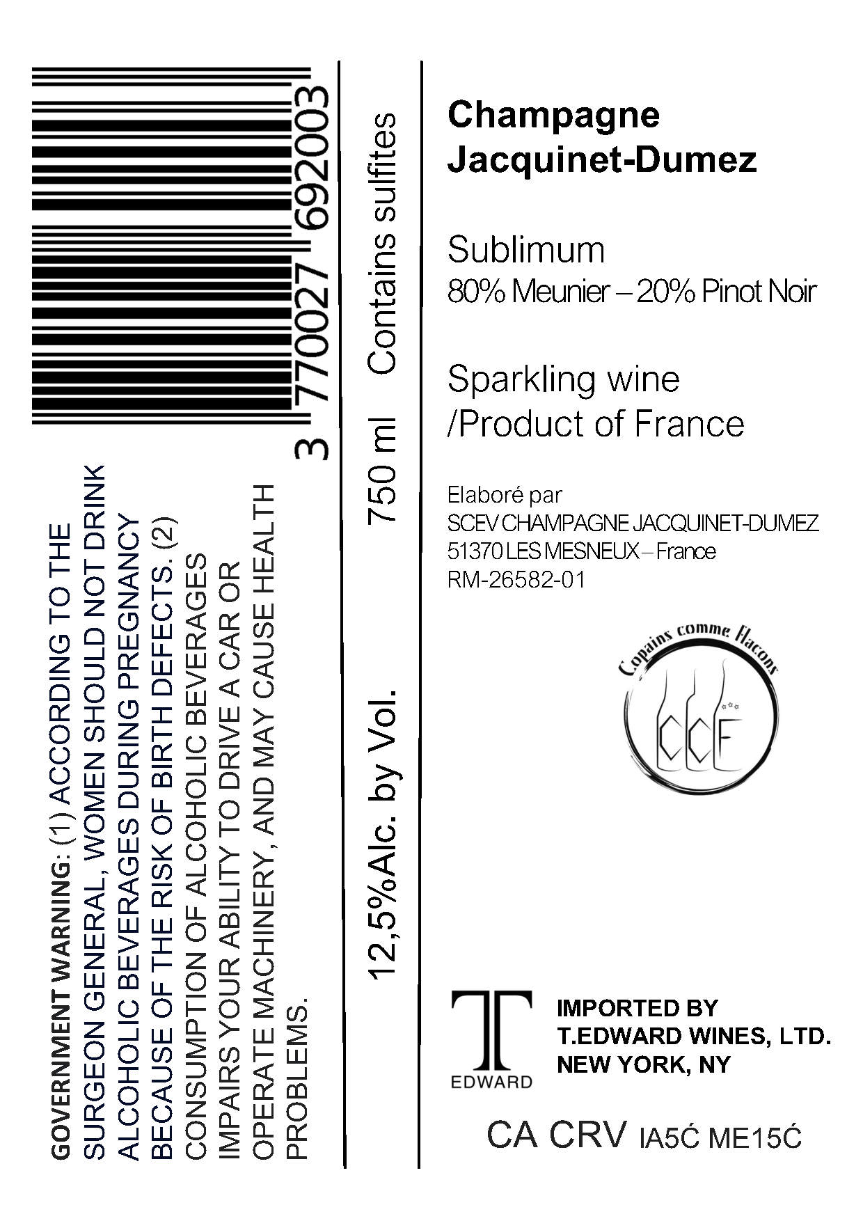 TABC label artwork for Jacquinet-Dumez Sublimum Champagne