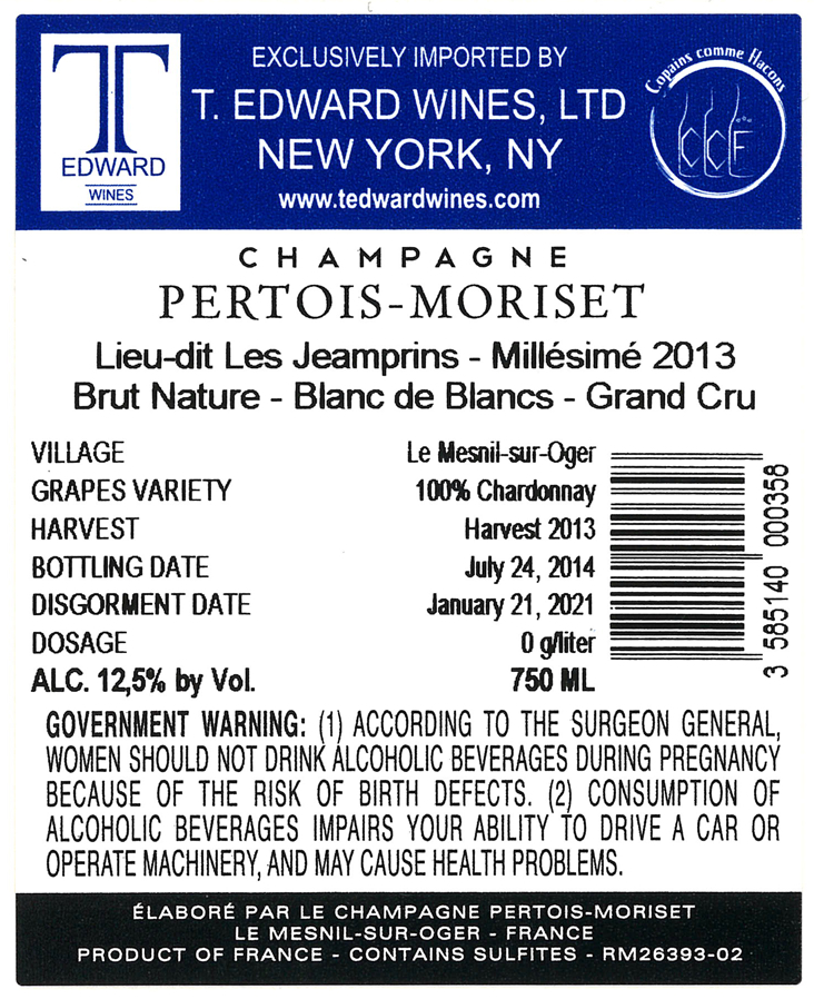 TABC label artwork for Pertois-Moriset Lieu-Dit Les Jeamprins Chardonnay Champagne