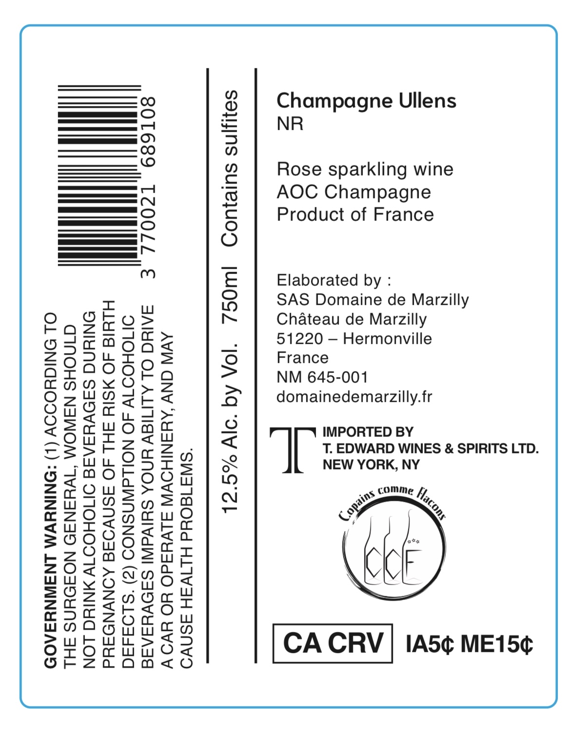 TABC label artwork for Champagne Ullens NR Rose Sparkling