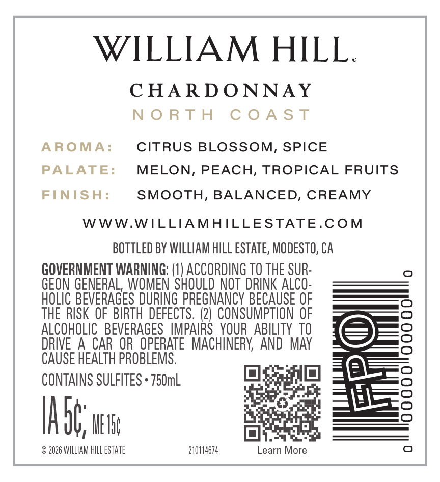TABC label artwork for William Hill Chardonnay North Coast