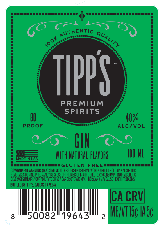 TABC label artwork for Tipp's Gin 100 ML