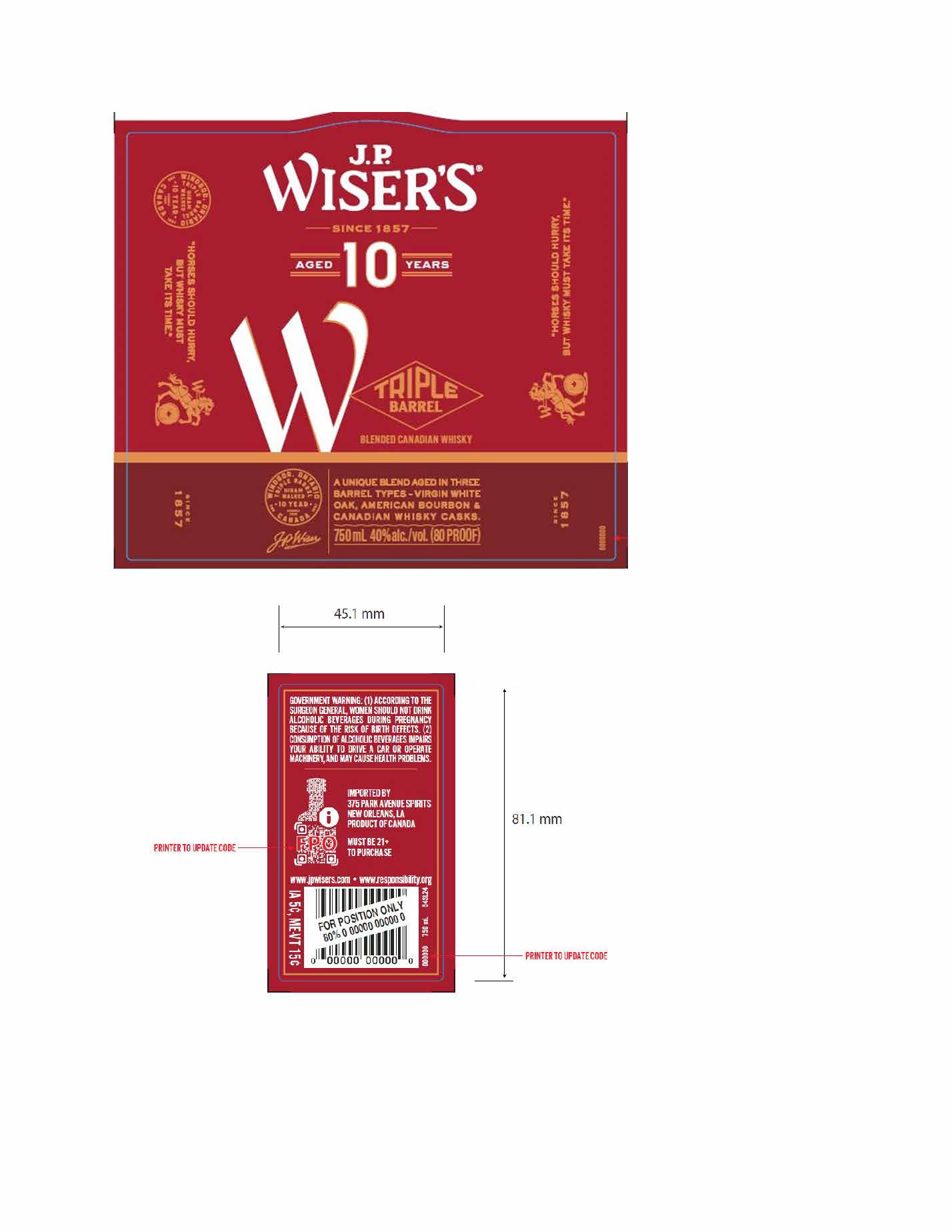 TABC label artwork for JP Wiser's 10 YO Triple Barrel Canadian Whisky