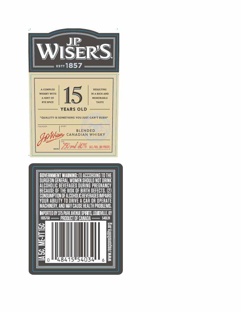 TABC label artwork for JP Wiser's 15 YO Canadian Whisky