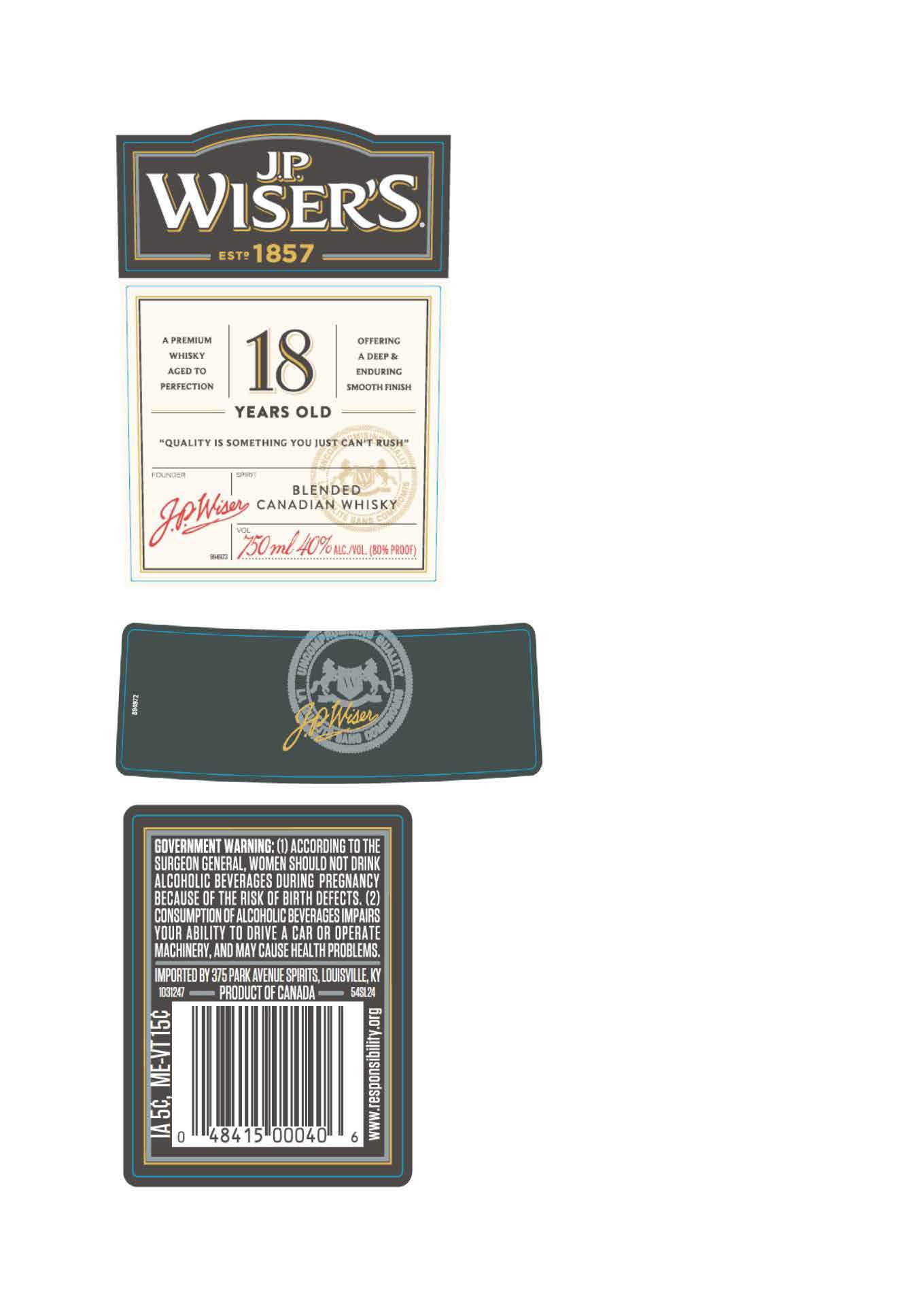 TABC label artwork for JP Wiser's 18 YO Canadian Whisky