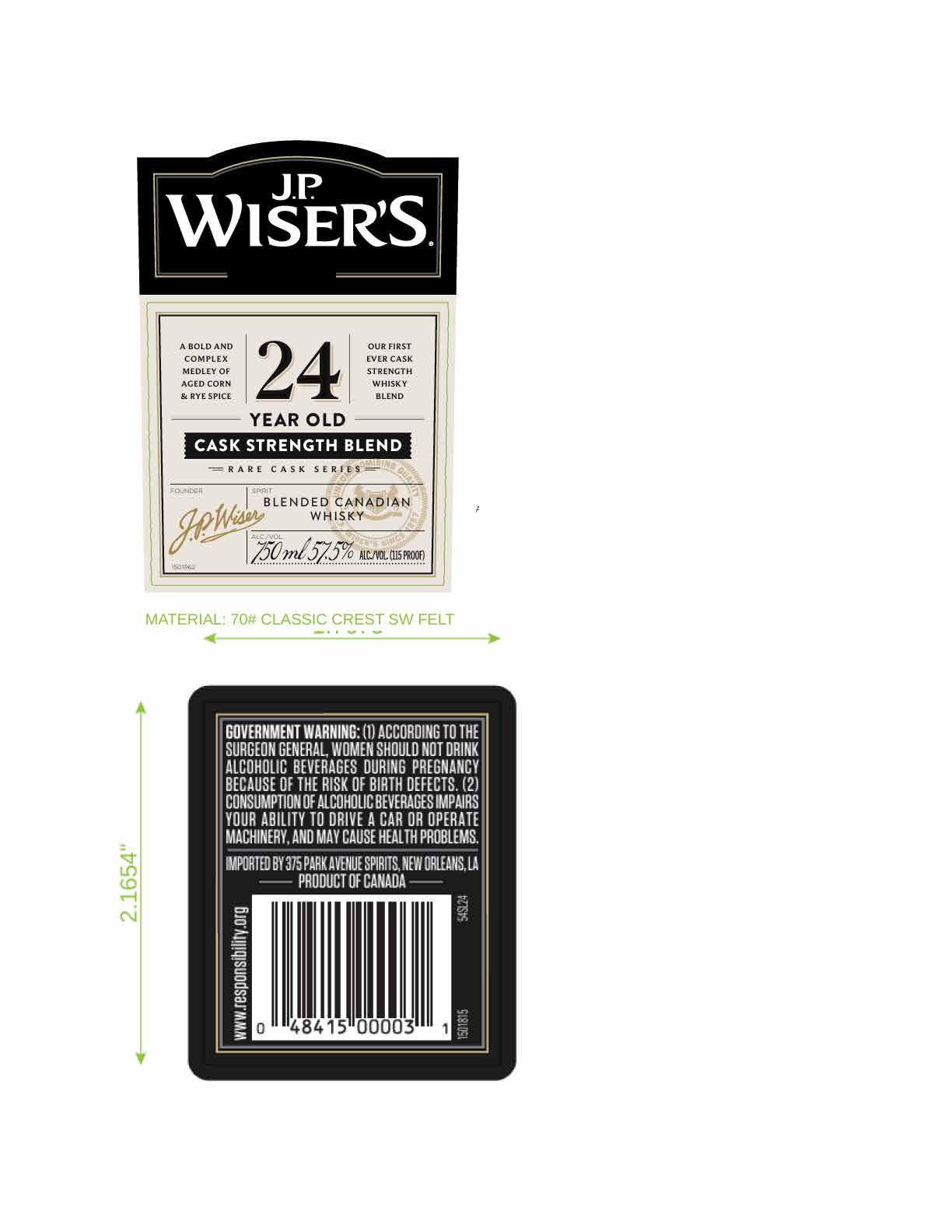 TABC label artwork for JP Wiser's 24 YO Canadian Whisky