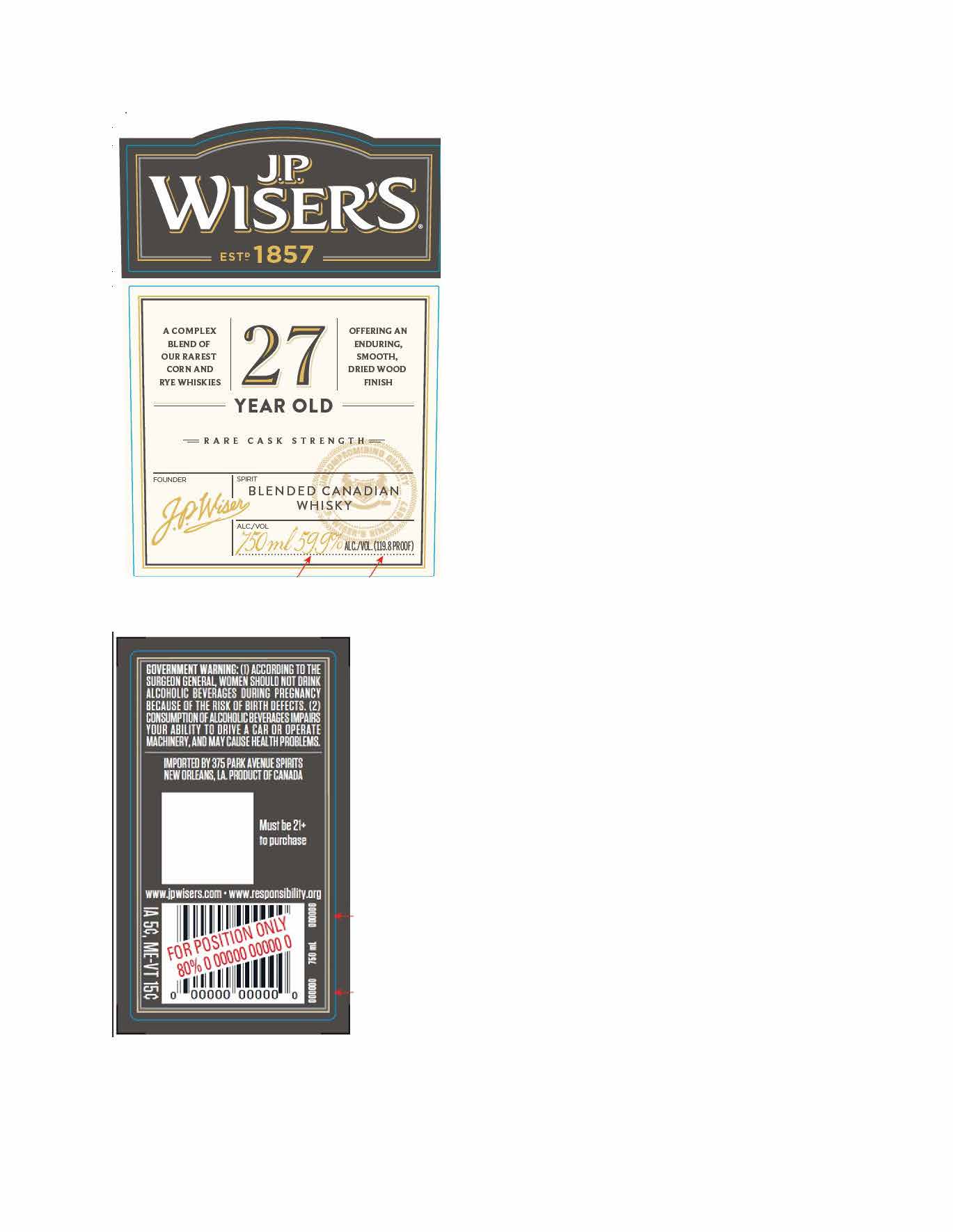 TABC label artwork for JP Wiser's 27 YO Canadian Whiskey
