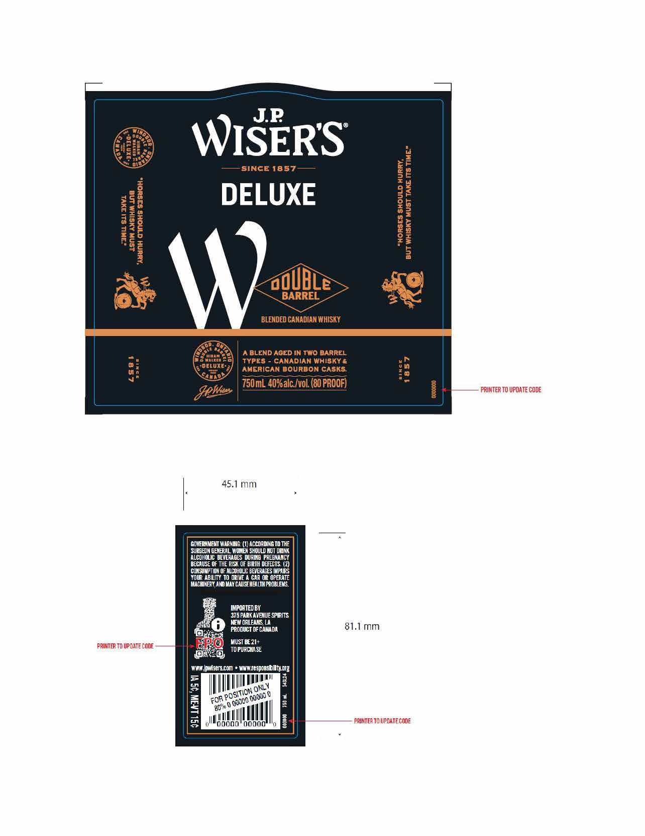 TABC label artwork for JP Wiser's Deluxe Double Barrel Canadian Whisky
