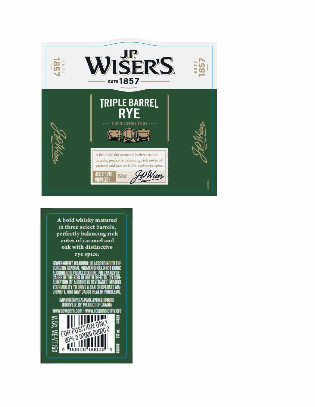 TABC label artwork for JP Wiser's Triple Barrel Rye Whisky