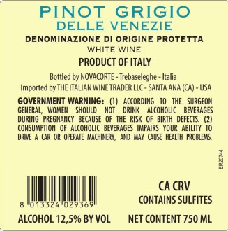 TABC label artwork for Novacorte Pinot Grigio