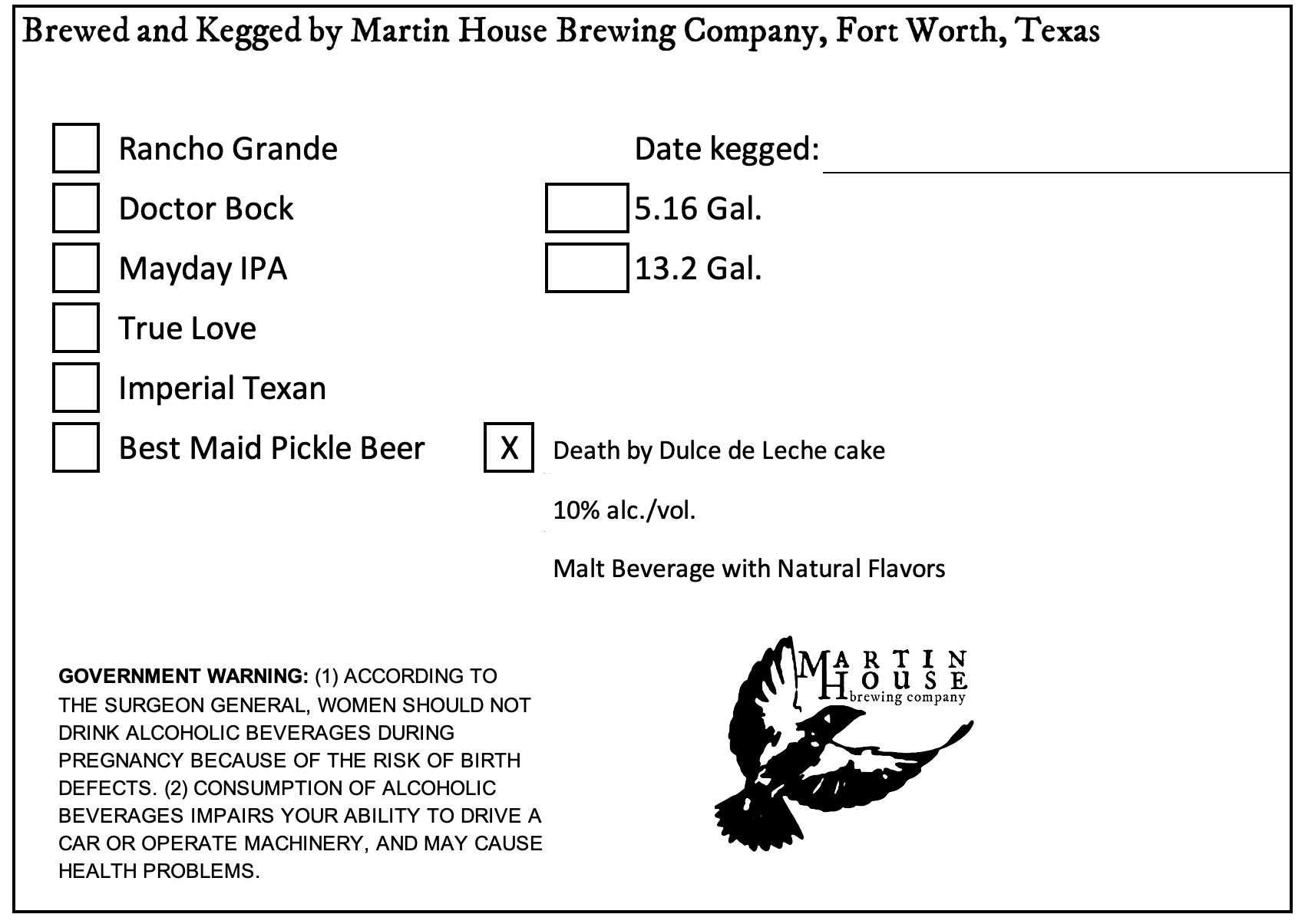 TABC label artwork for MARTIN HOUSE BREWING COMPANY DEATH BY DULCE DE LECHE CAKE KEG