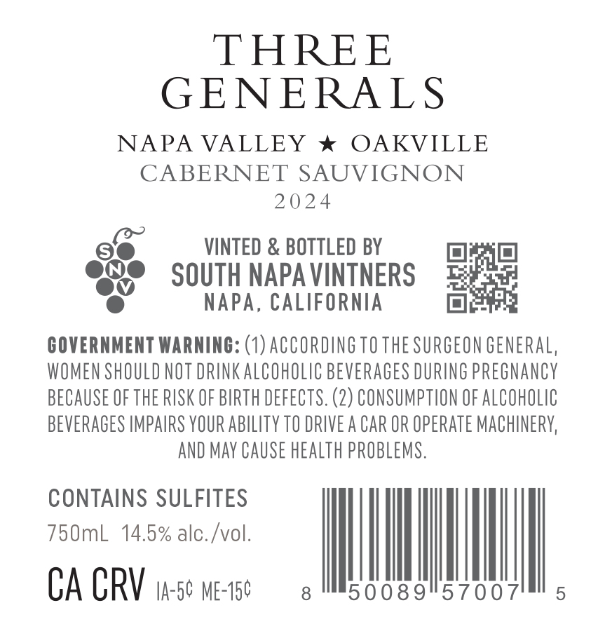 TABC label artwork for Three Generals Cabernet Sauvignon Oakville