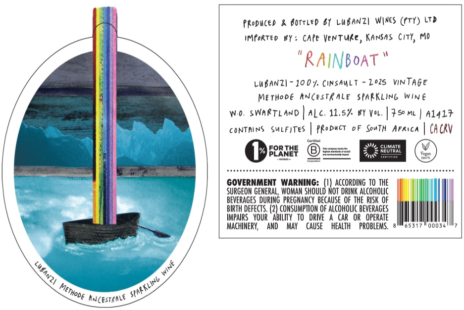 TABC label artwork for Lubanzi Rainboat Cinsault Swartland