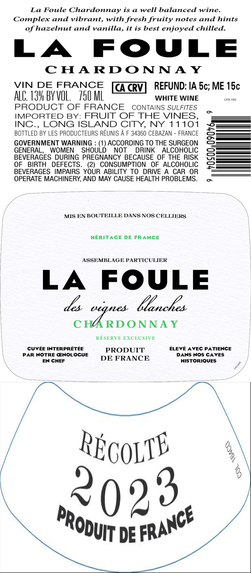 TABC label artwork for La Foule Vignes Blanches Chardonnay Vin De France