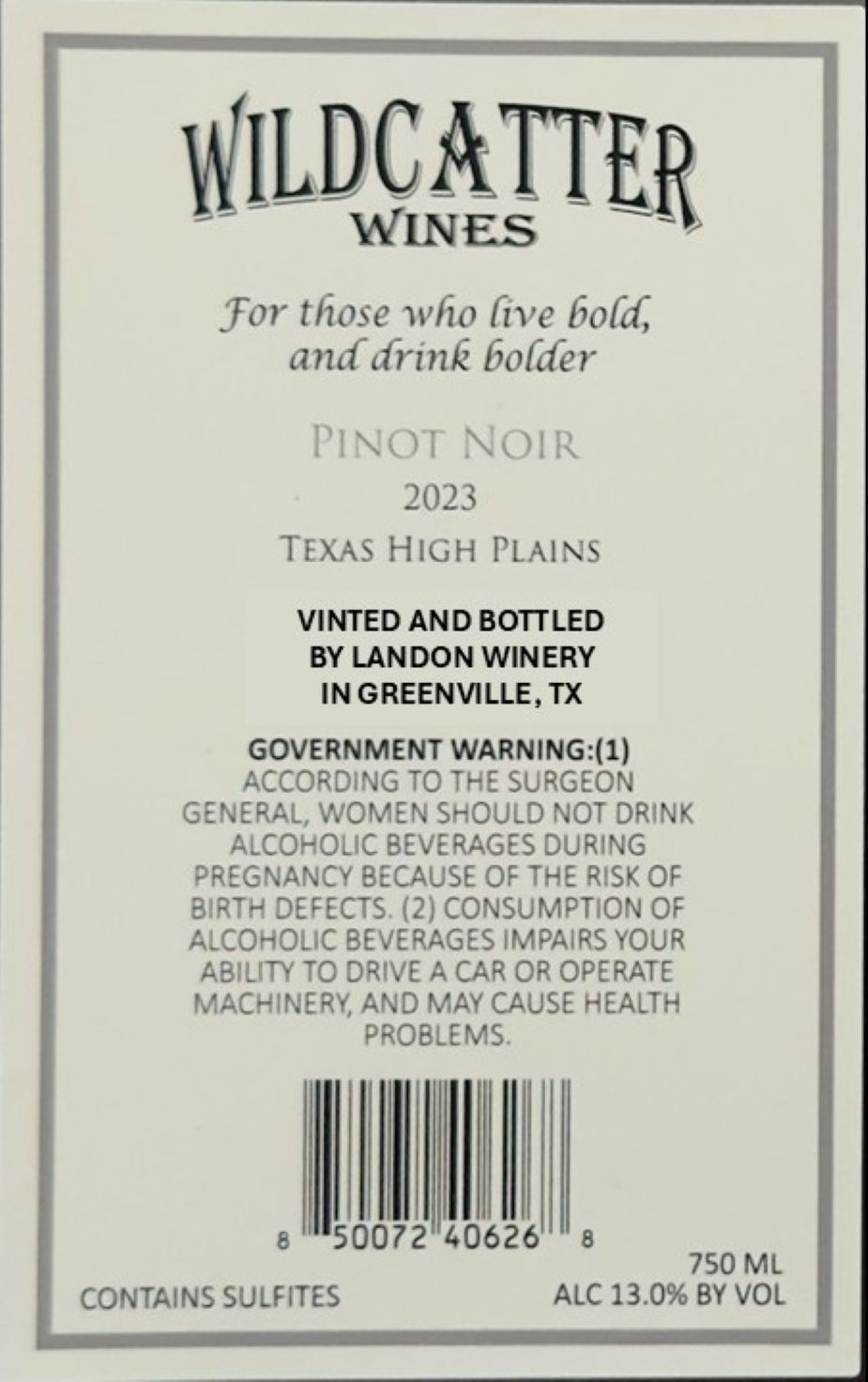 TABC label artwork for Wildcatter Pinot Noir