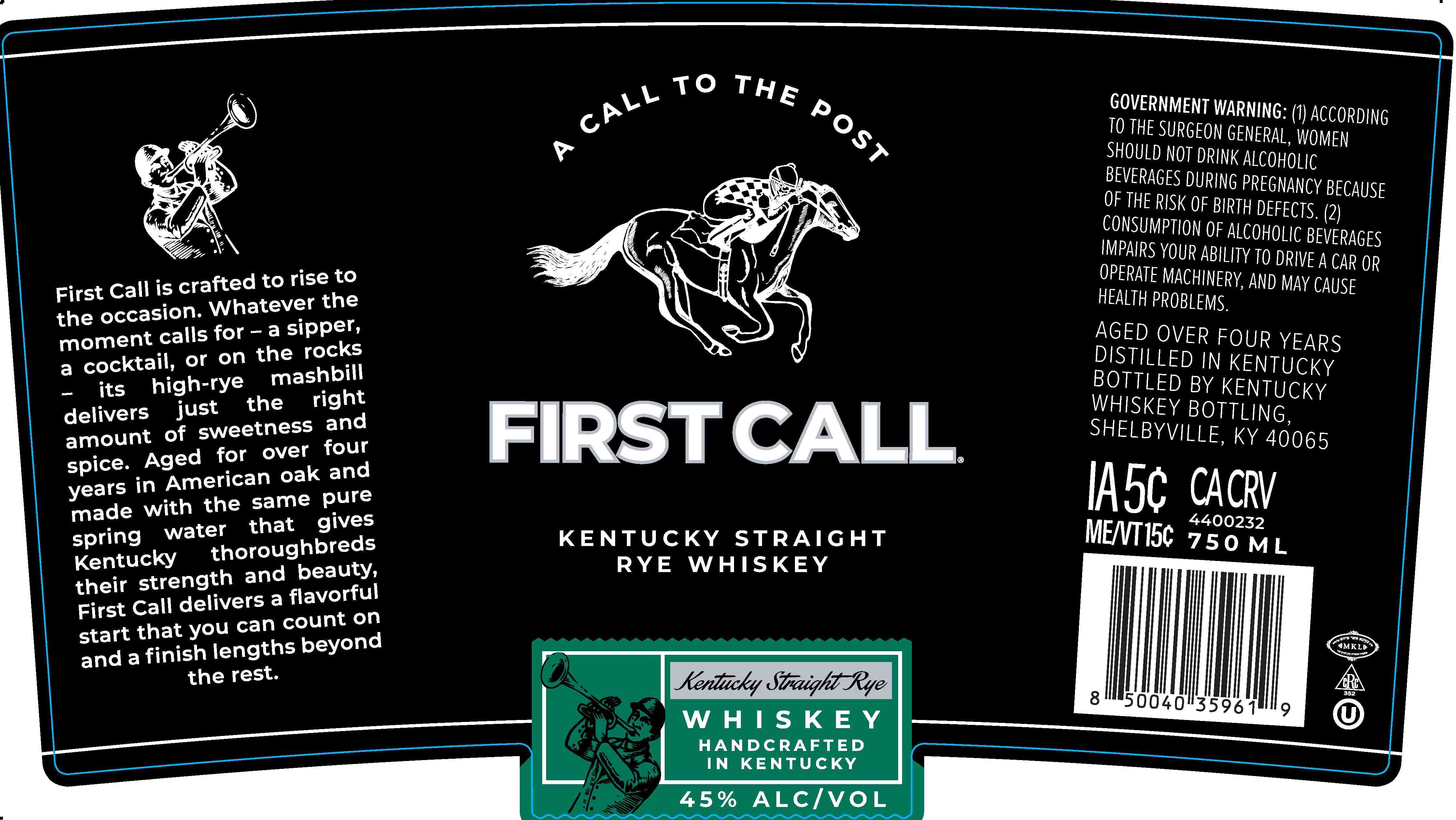 TABC label artwork for FIRST CALL KENTUCKY STRAIGHT RYE WHISKEY